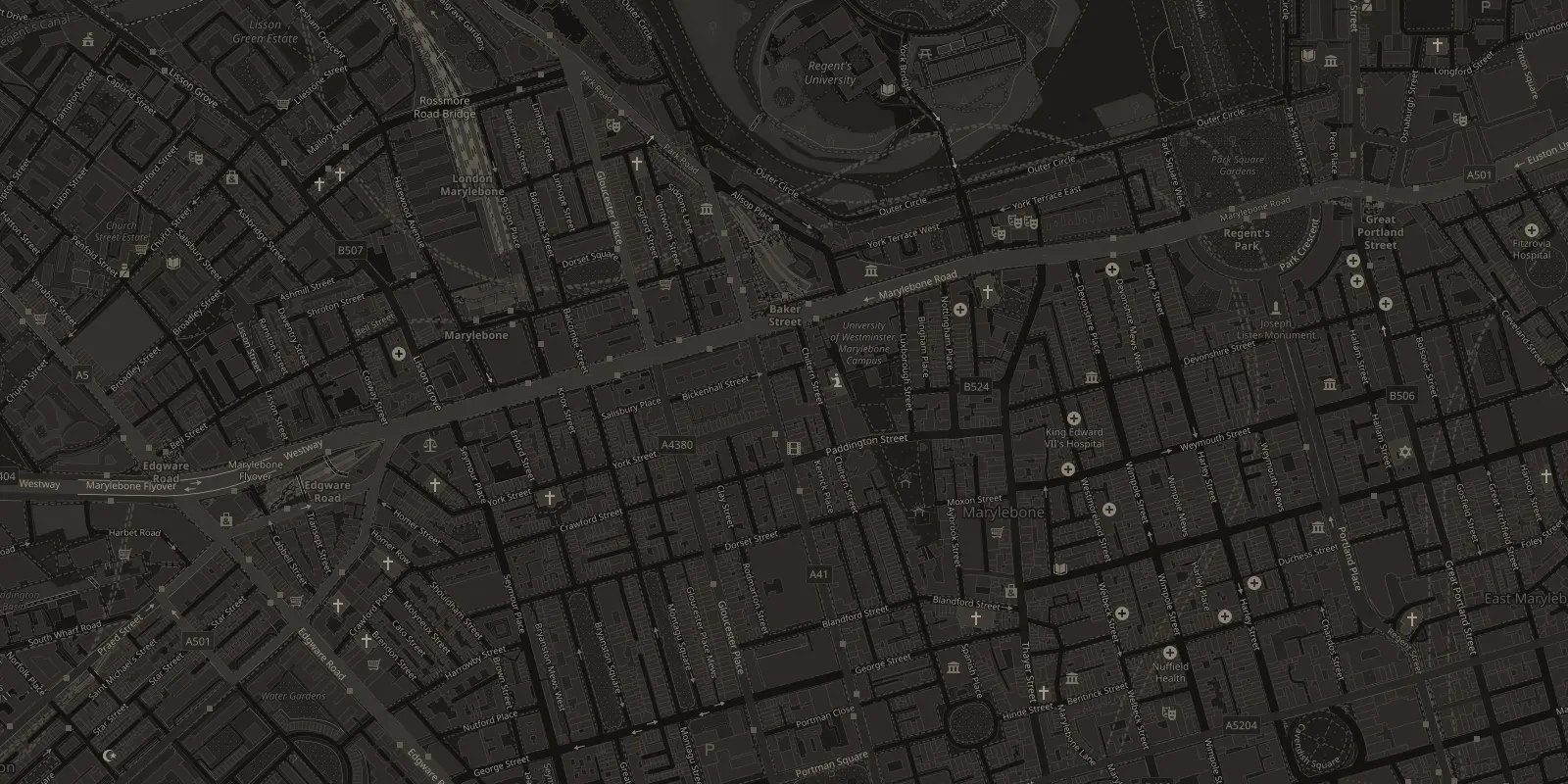 Map of Marylebone with the studio marked at 118 Baker Street, London W1U 6TT, just south of Baker Street station